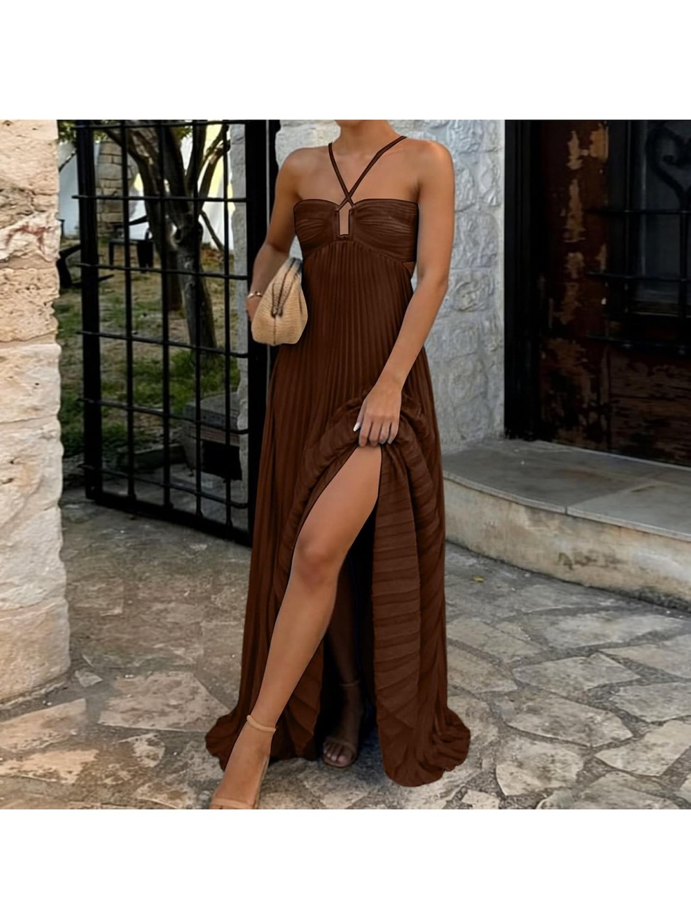 Brown Satin Pleated Front Cross Halter Maxi Dress